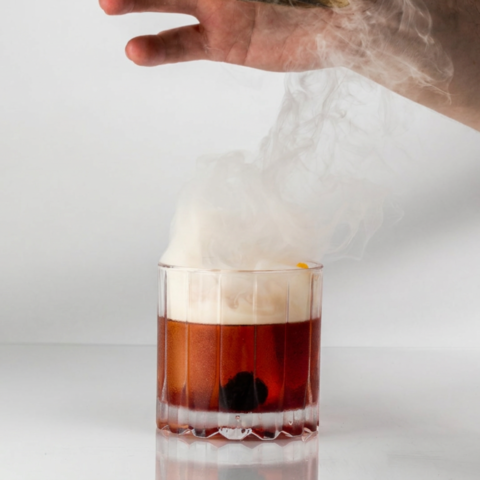 Smoky amber cocktail with creamy foam and dark garnish in a glass, while a hand hovers above against a white background.
