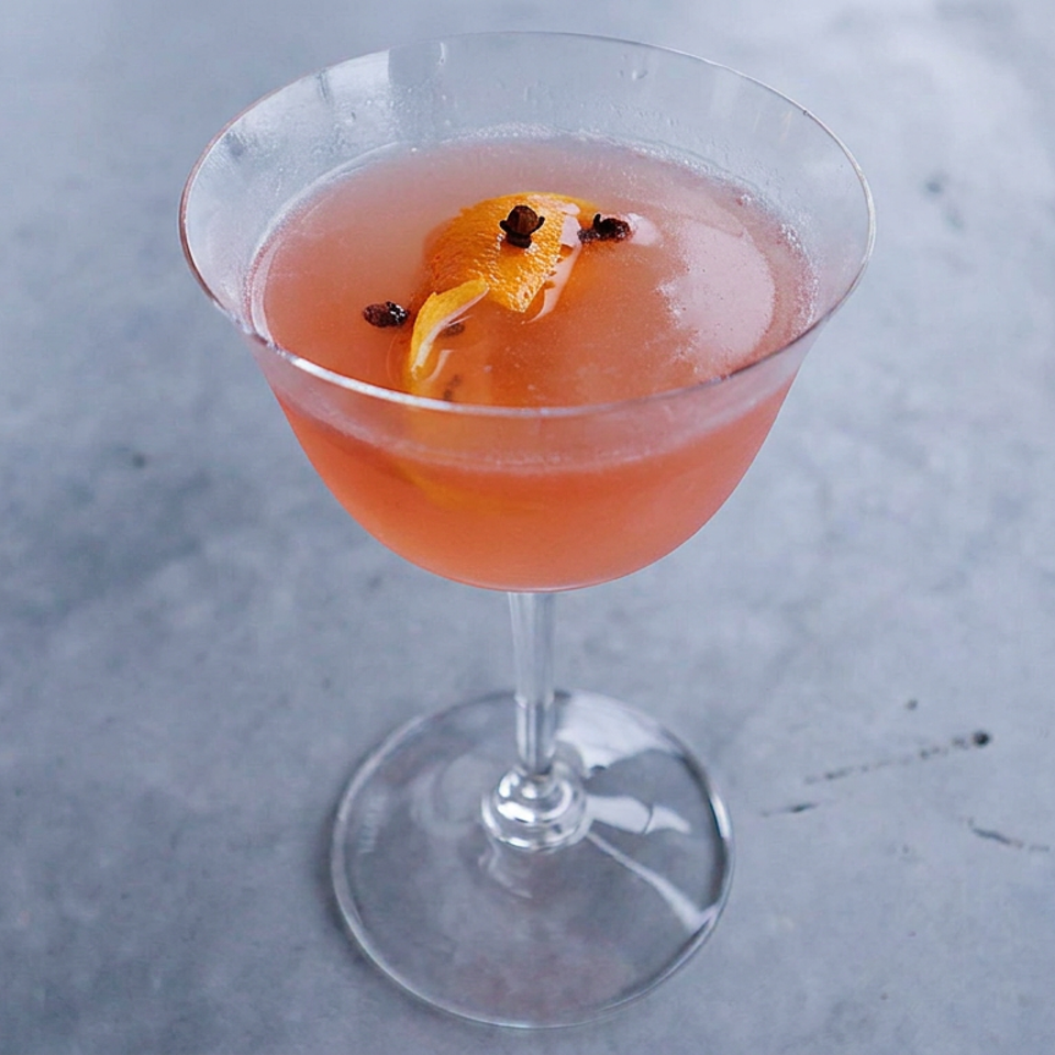 Pink cocktail in a stemmed glass garnished with orange peel and cloves on a weathered gray tabletop.
